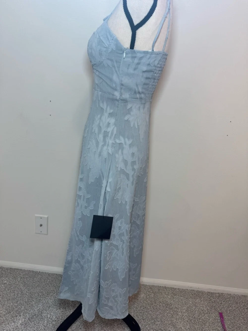 NWT  Lulus Blue Floral Jacquard Sweetheart Midi Dress XS Slit Tie Strap Smocked - Picture 6 of 15